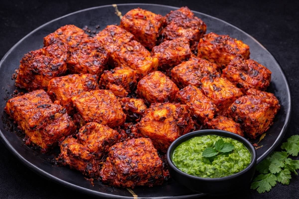 Spicy Chili Paneer prepared with an authentic Indian recipe at Maya Flavors in Boca Raton, FL.